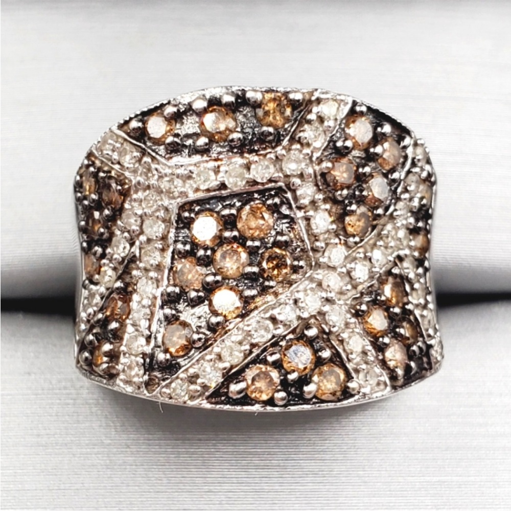 10k Solid White Gold Genuine Chocolate & White Diamond Animal Giraffe Print Ring